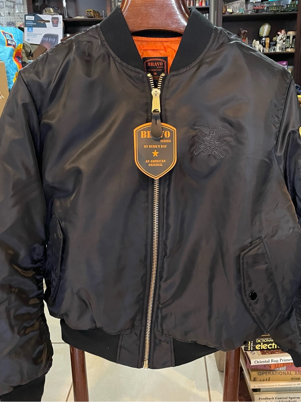 Bravo MA-1 Flight Jacket by Buzz Black Bomber Jacket with Orange Lining